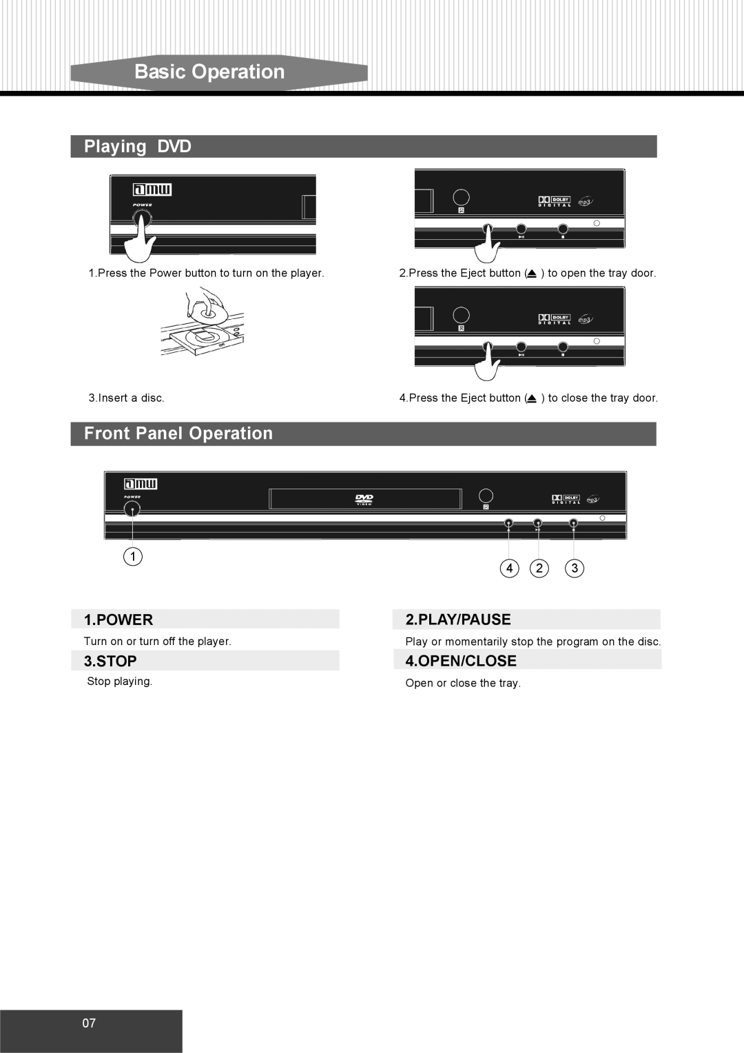 Dolby Laboratories S99 manual Basic Operation, Playing DVD, Front Panel Operation 