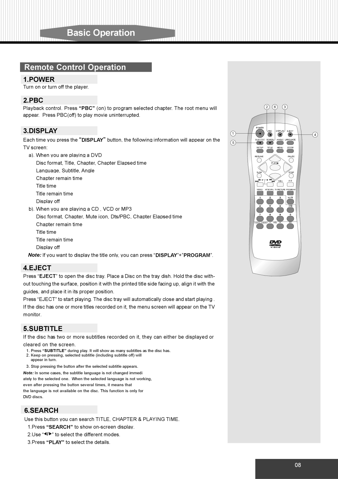 Dolby Laboratories S99 manual Remote Control Operation, Power, Pbc, Display Eject, Subtitle 