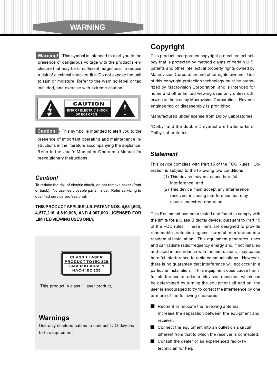 Dolby Laboratories S99 manual Copyright 