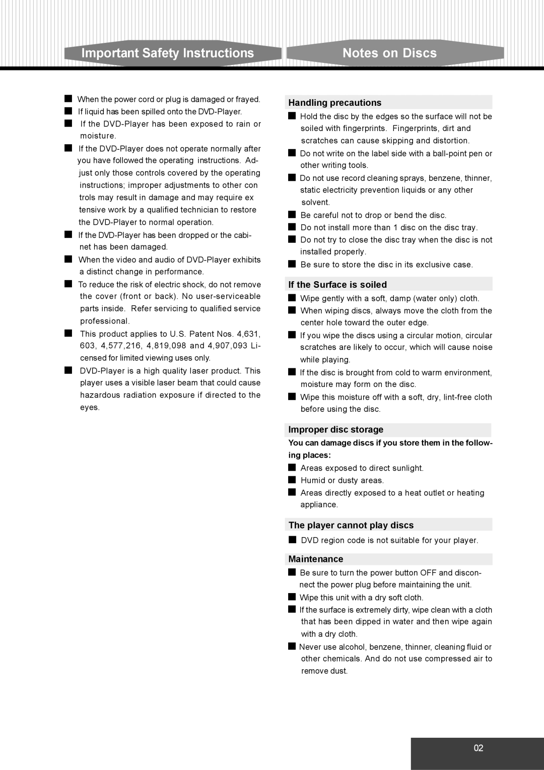 Dolby Laboratories S99 Handling precautions, If the Surface is soiled, Improper disc storage, Player cannot play discs 