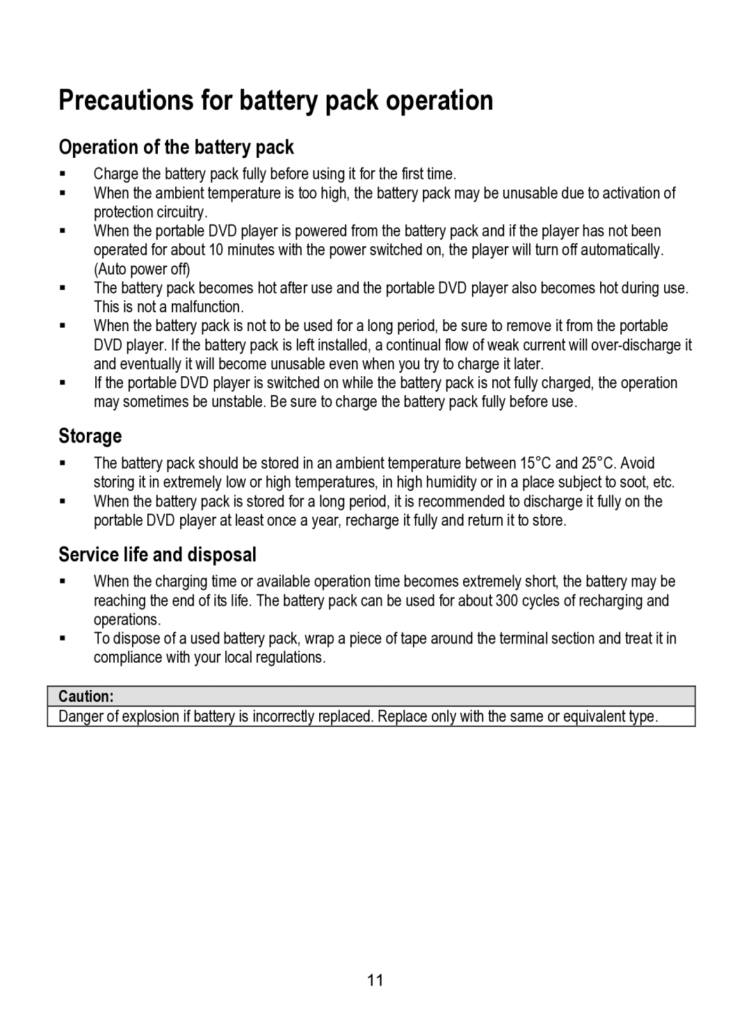 Dolby Laboratories SDV-27 Precautions for battery pack operation, Operation of the battery pack, Storage 