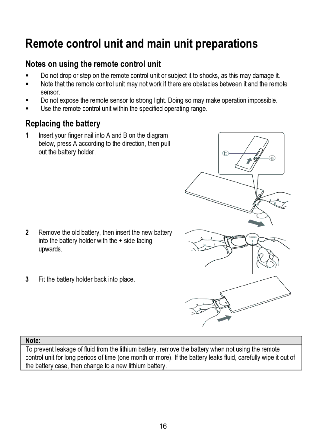 Dolby Laboratories SDV-27 operating instructions Remote control unit and main unit preparations, Replacing the battery 