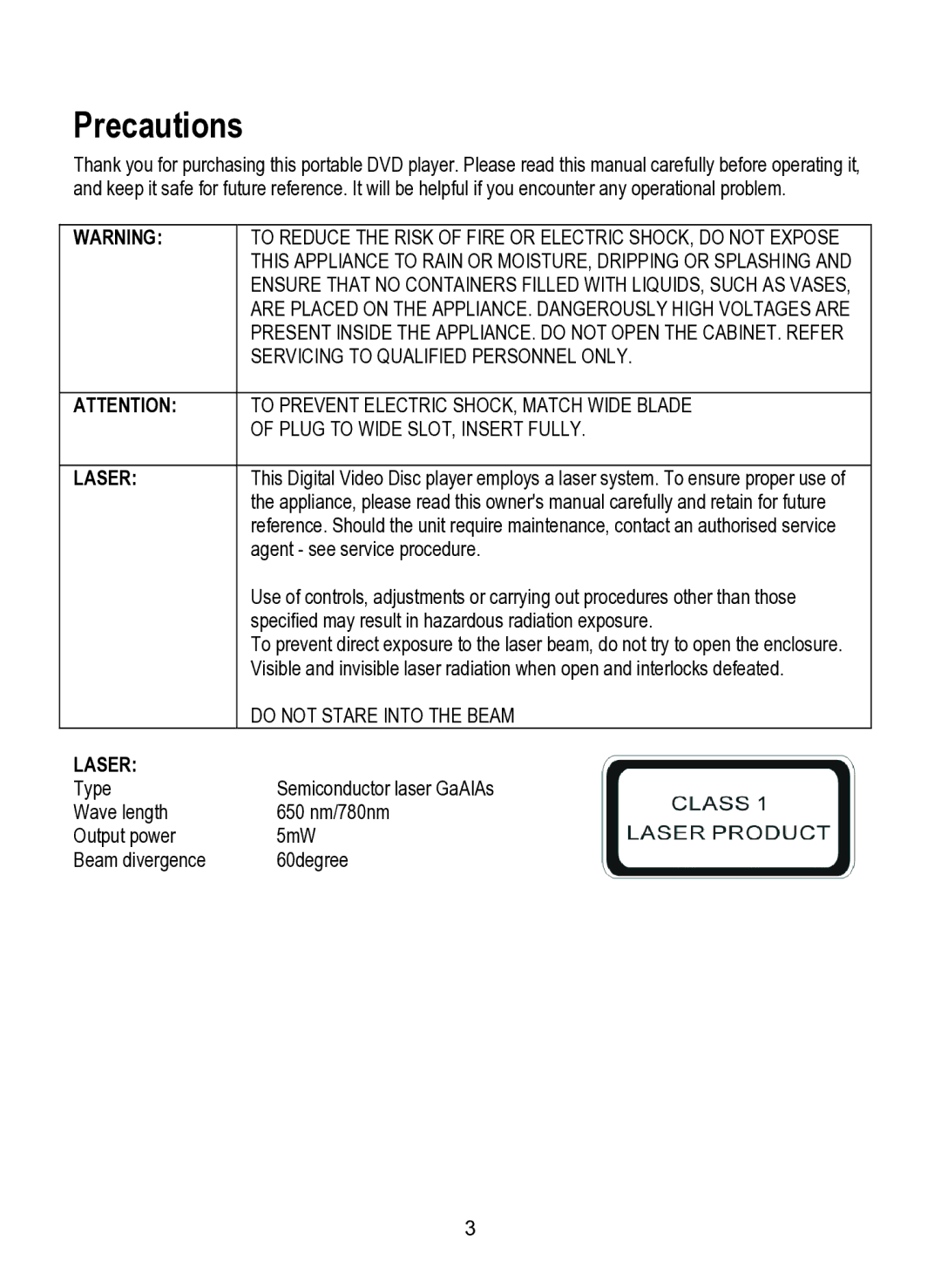 Dolby Laboratories SDV-27 operating instructions Precautions, Laser Type Wave length Output power Beam divergence 