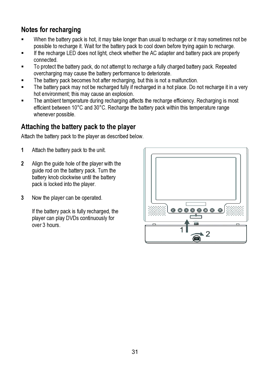 Dolby Laboratories SDV-27 operating instructions Attaching the battery pack to the player 