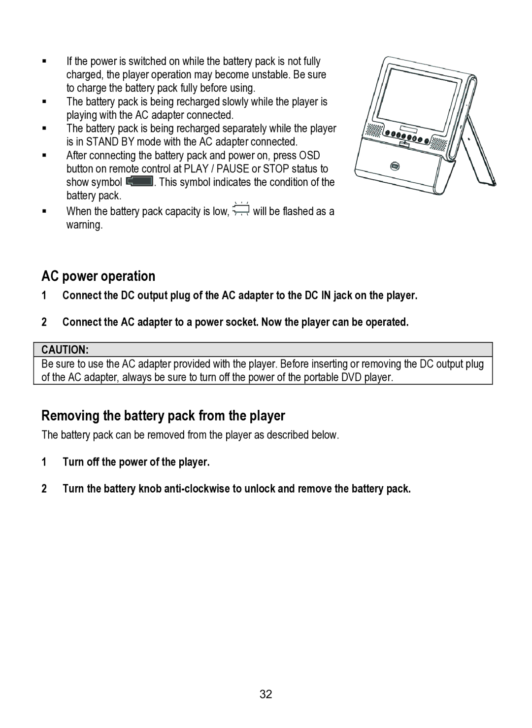 Dolby Laboratories SDV-27 operating instructions AC power operation, Removing the battery pack from the player 