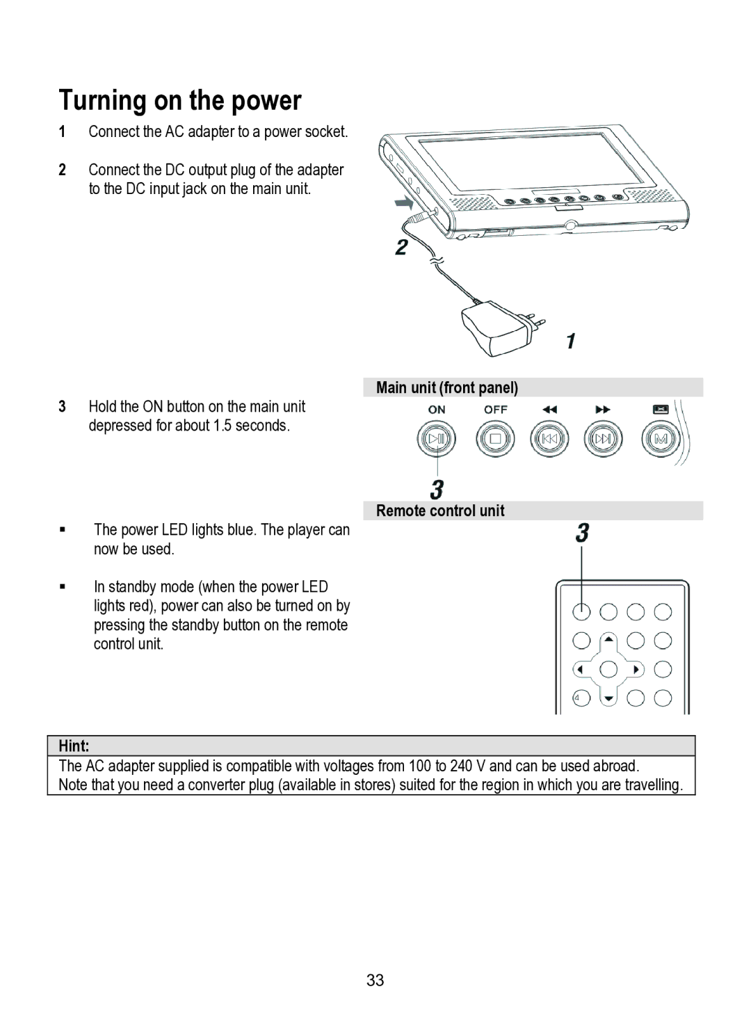 Dolby Laboratories SDV-27 operating instructions Turning on the power, Main unit front panel, Remote control unit 