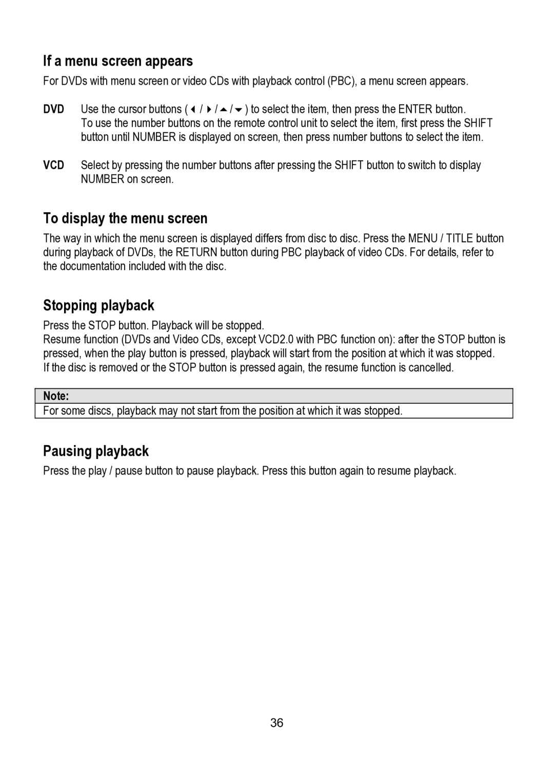 Dolby Laboratories SDV-27 If a menu screen appears, To display the menu screen, Stopping playback, Pausing playback 