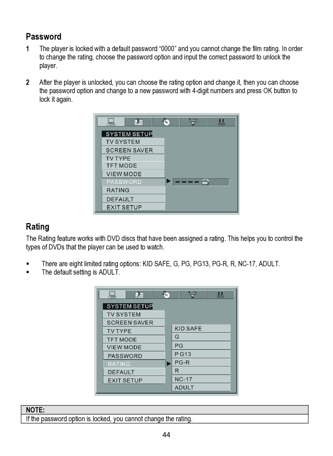 Dolby Laboratories SDV-27 operating instructions Password, Rating 