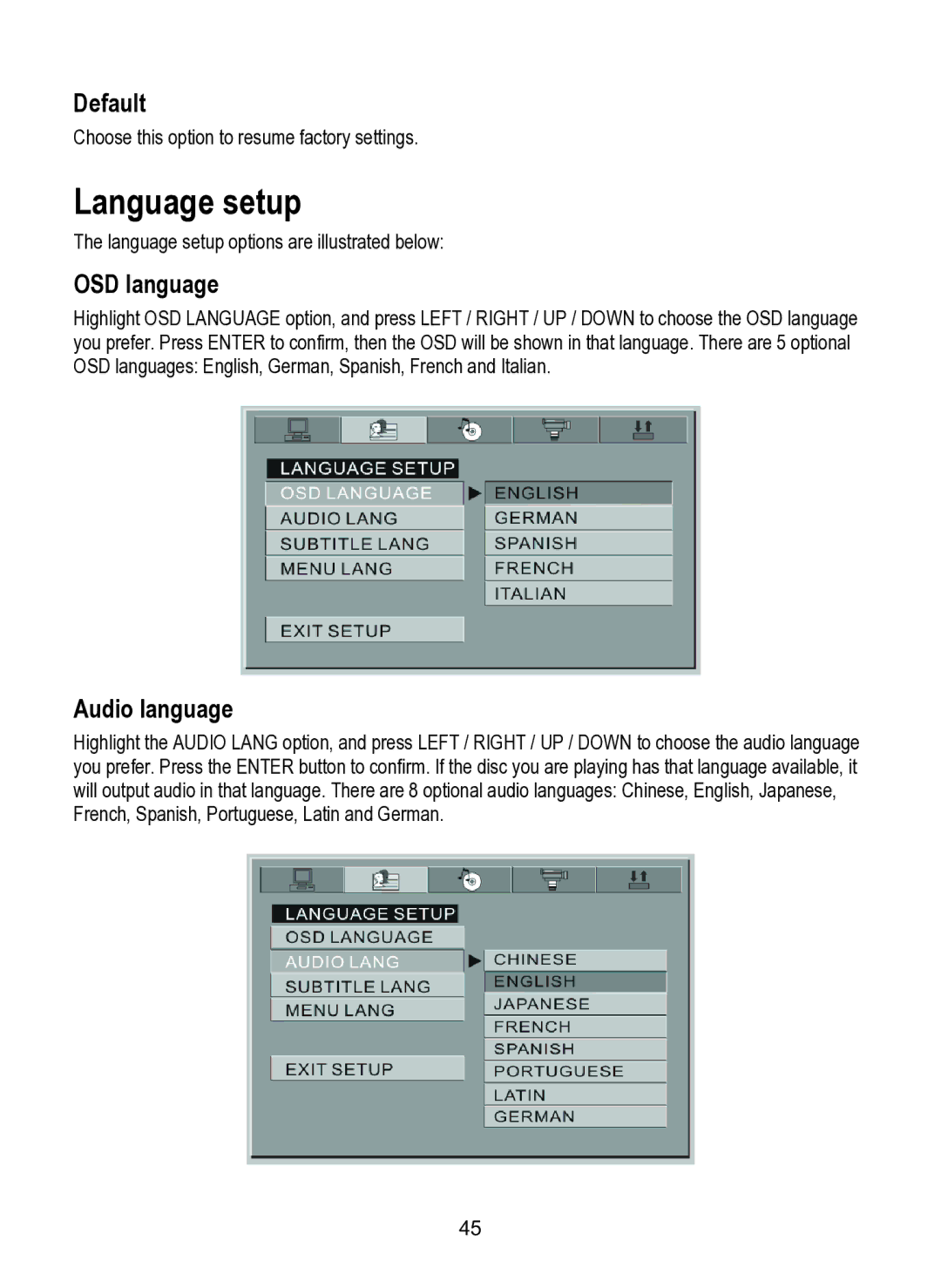 Dolby Laboratories SDV-27 operating instructions Language setup, Default, OSD language, Audio language 