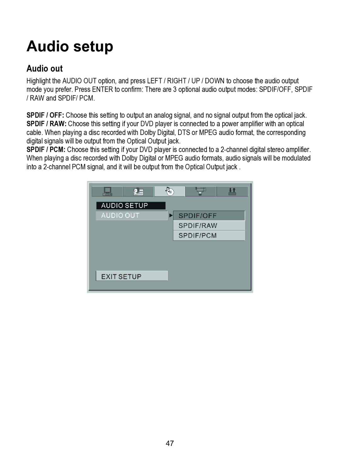 Dolby Laboratories SDV-27 operating instructions Audio setup, Audio out 