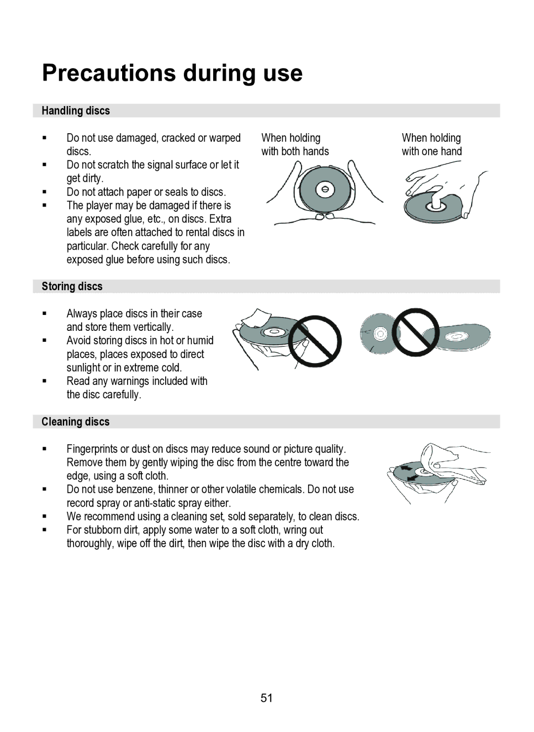 Dolby Laboratories SDV-27 operating instructions Handling discs, Storing discs, Cleaning discs 