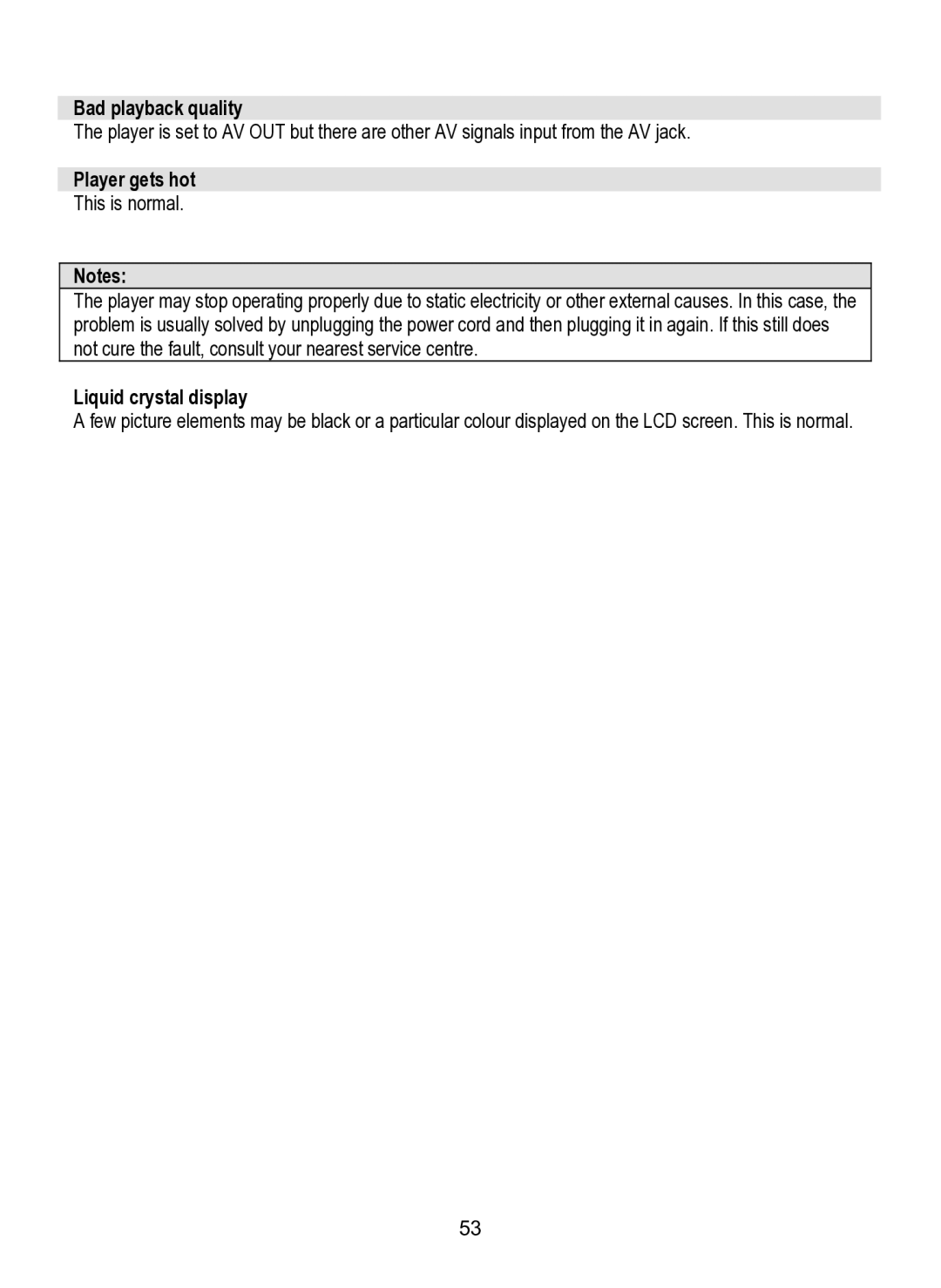 Dolby Laboratories SDV-27 operating instructions Bad playback quality, Player gets hot, Liquid crystal display 