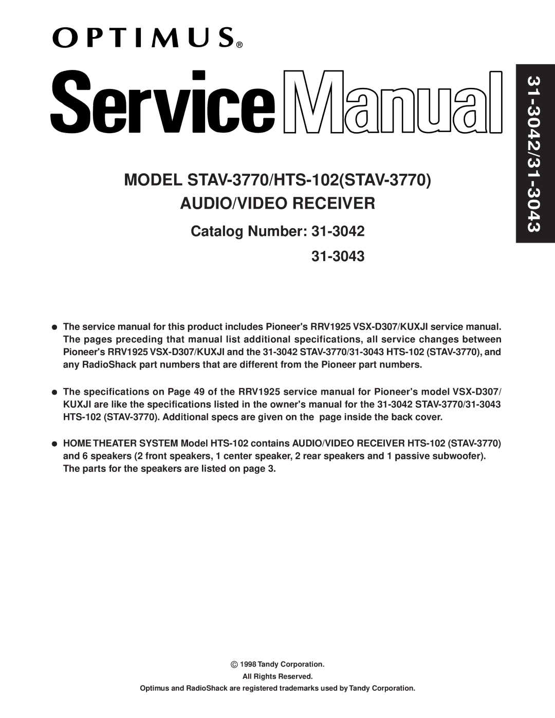 Dolby Laboratories STAV-3770 service manual 31-3042/31-3043, AUDIO/VIDEO Receiver 