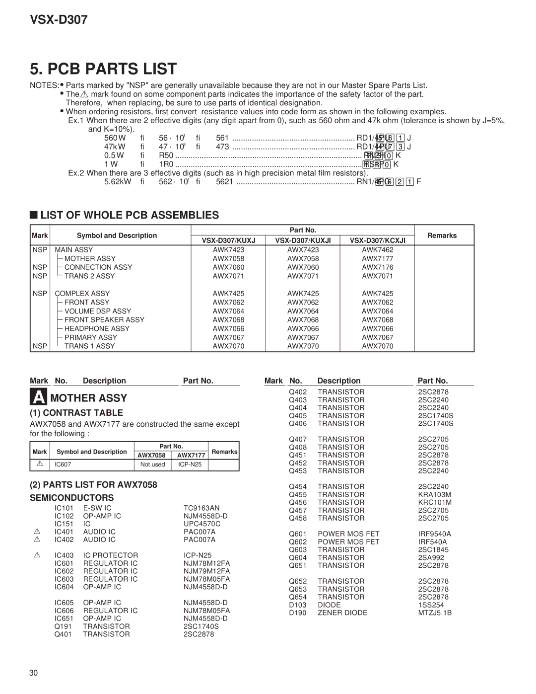 Dolby Laboratories STAV-3770, 31-3043 PCB Parts List, List of Whole PCB Assemblies, Mother Assy, Contrast Table 