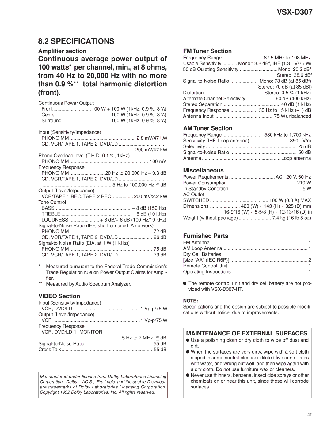 Dolby Laboratories 31-3043, STAV-3770 service manual Specifications, Phono MM 