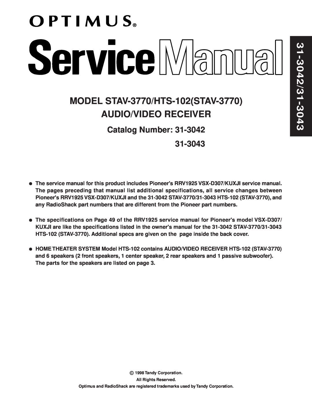 Dolby Laboratories 31-3043 service manual MODEL STAV-3770/HTS-102STAV-3770, Audio/Video Receiver, Catalog Number 