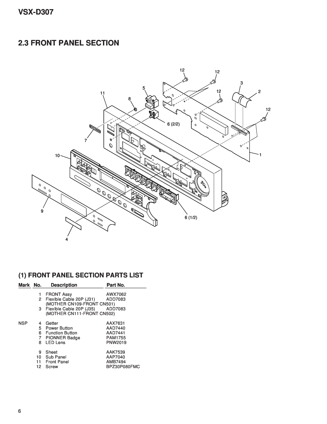 Dolby Laboratories STAV-3770, 31-3043 VSX-D307 2.3 FRONT PANEL SECTION, Front Panel Section Parts List, Mark, Description 