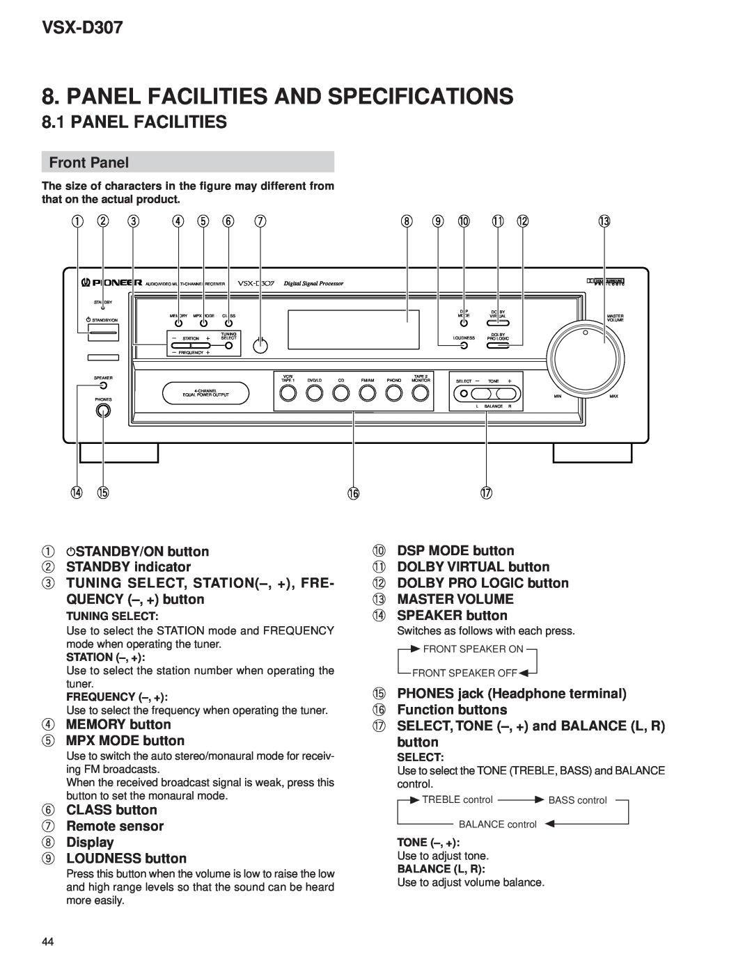 Dolby Laboratories STAV-3770, 31-3043 service manual Panel Facilities And Specifications, Front Panel, VSX-D307 