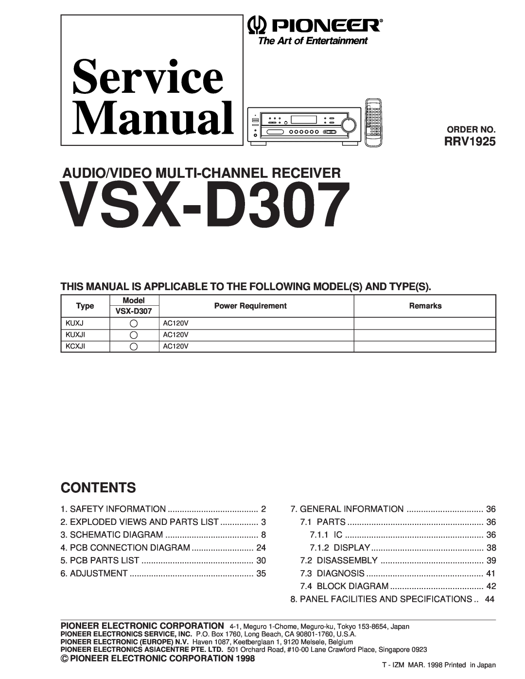 Dolby Laboratories 31-3043, STAV-3770 service manual Audio/Video Multi-Channelreceiver, Contents, RRV1925, VSX-D307 