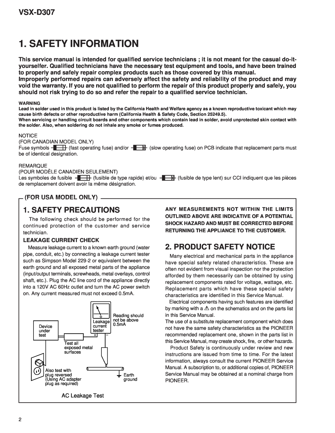 Dolby Laboratories STAV-3770 Safety Information, VSX-D307, Safety Precautions, Product Safety Notice, AC Leakage Test 
