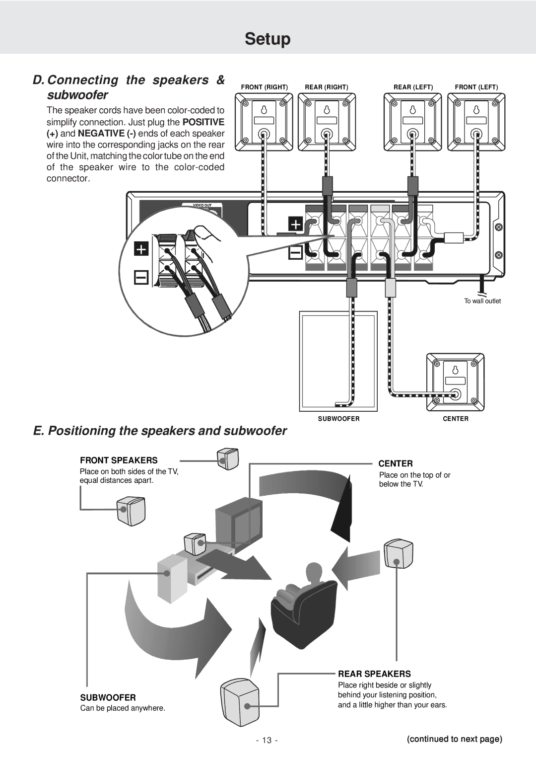 Dolby Laboratories STS75E owner manual Connecting the speakers, Subwoofer, Positioning the speakers and subwoofer 