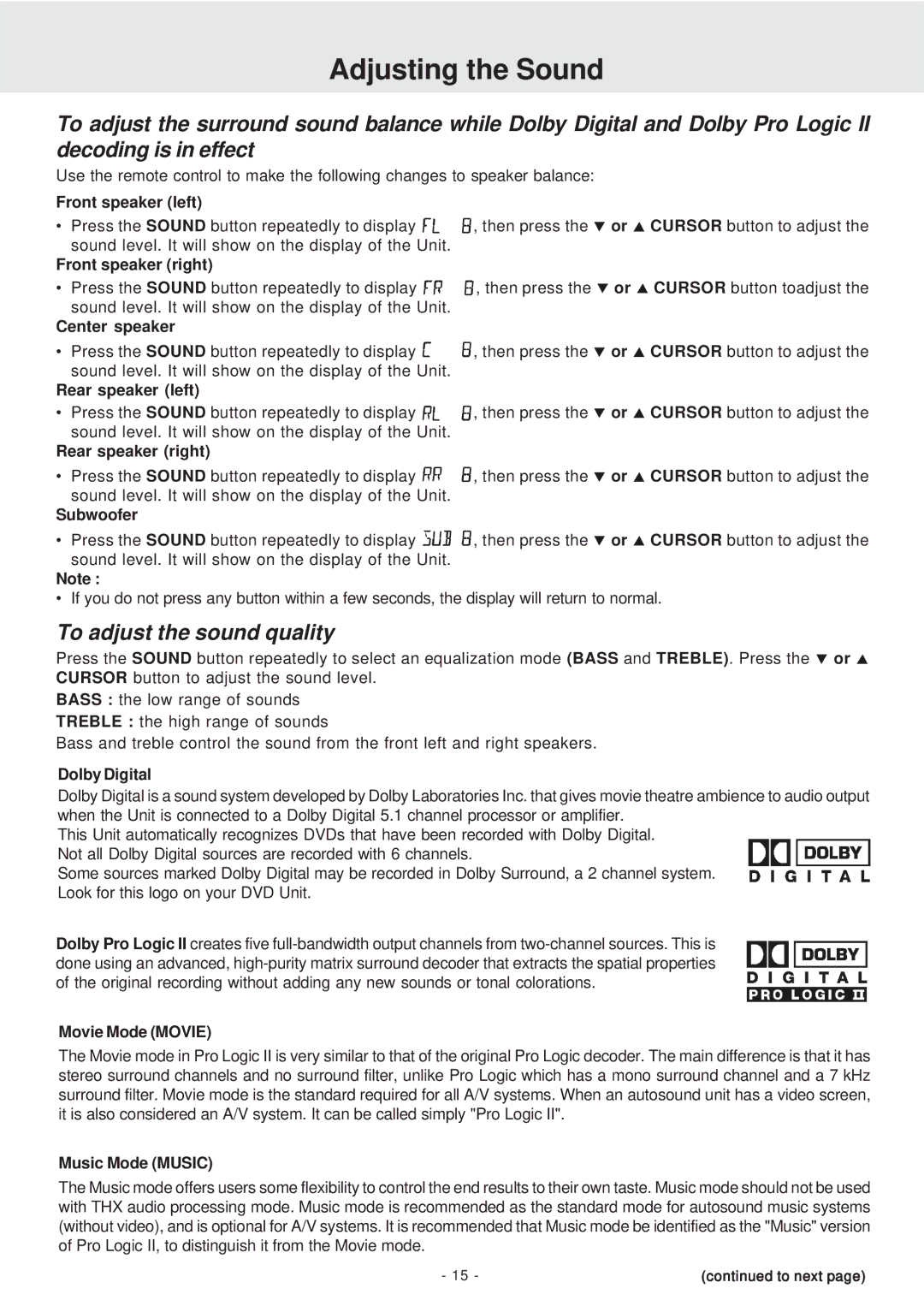 Dolby Laboratories STS75E owner manual Adjusting the Sound, To adjust the sound quality 