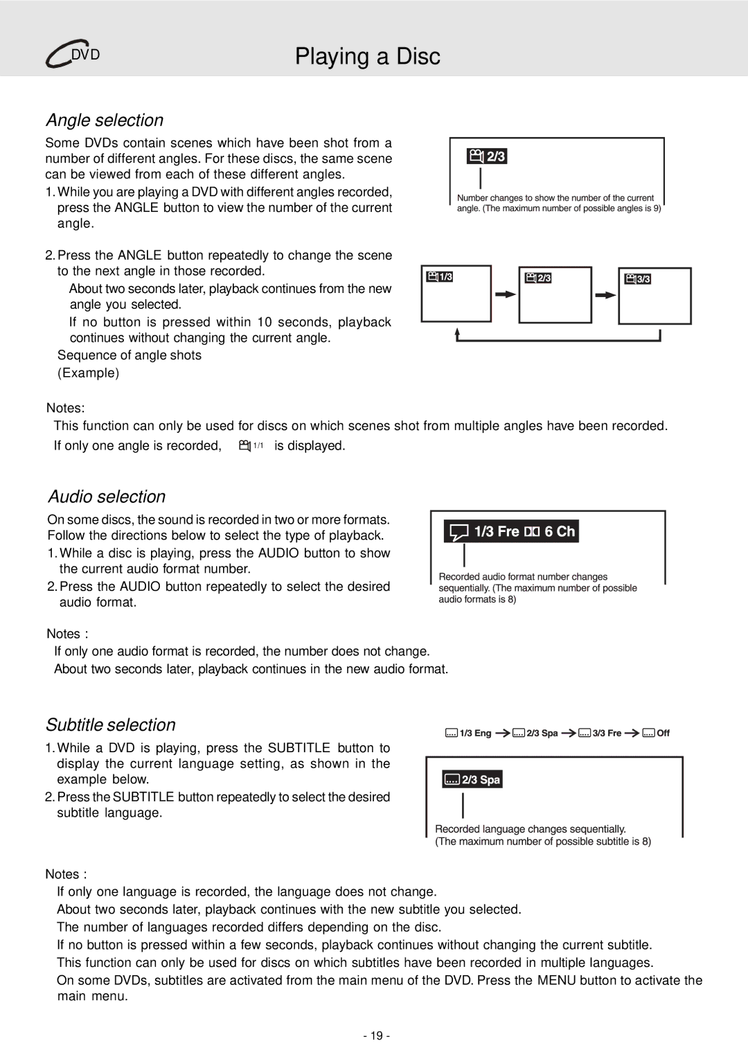 Dolby Laboratories STS75E owner manual Angle selection, Audio selection, Subtitle selection, Sequence of angle shots 