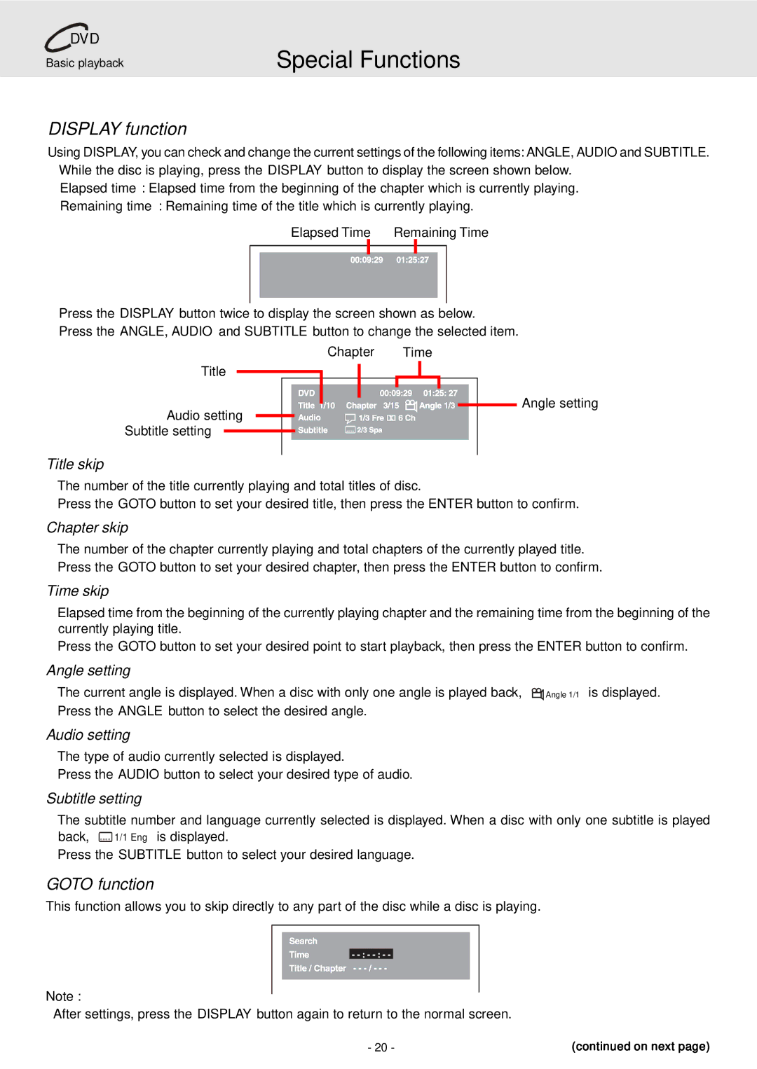 Dolby Laboratories STS75E owner manual Special Functions, Display function, Elapsed Time Remaining Time 