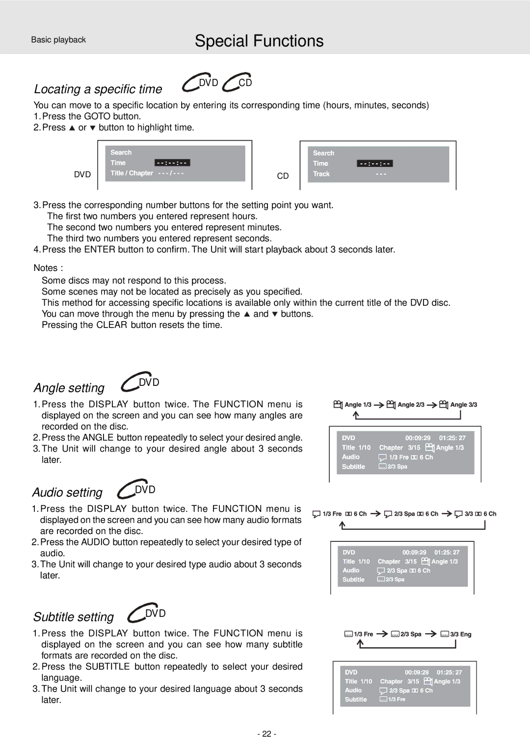 Dolby Laboratories STS75E owner manual Locating a specific time, Angle setting DVD, Audio setting DVD, Subtitle setting DVD 