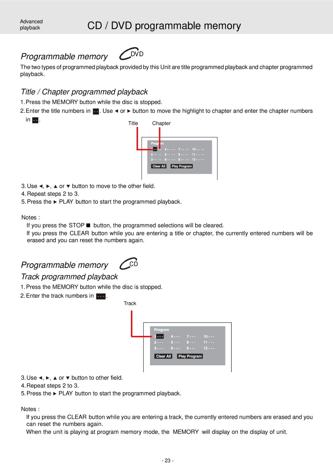 Dolby Laboratories STS75E owner manual CD / DVD programmable memory, Programmable memory DVD, Programmable memory CD 