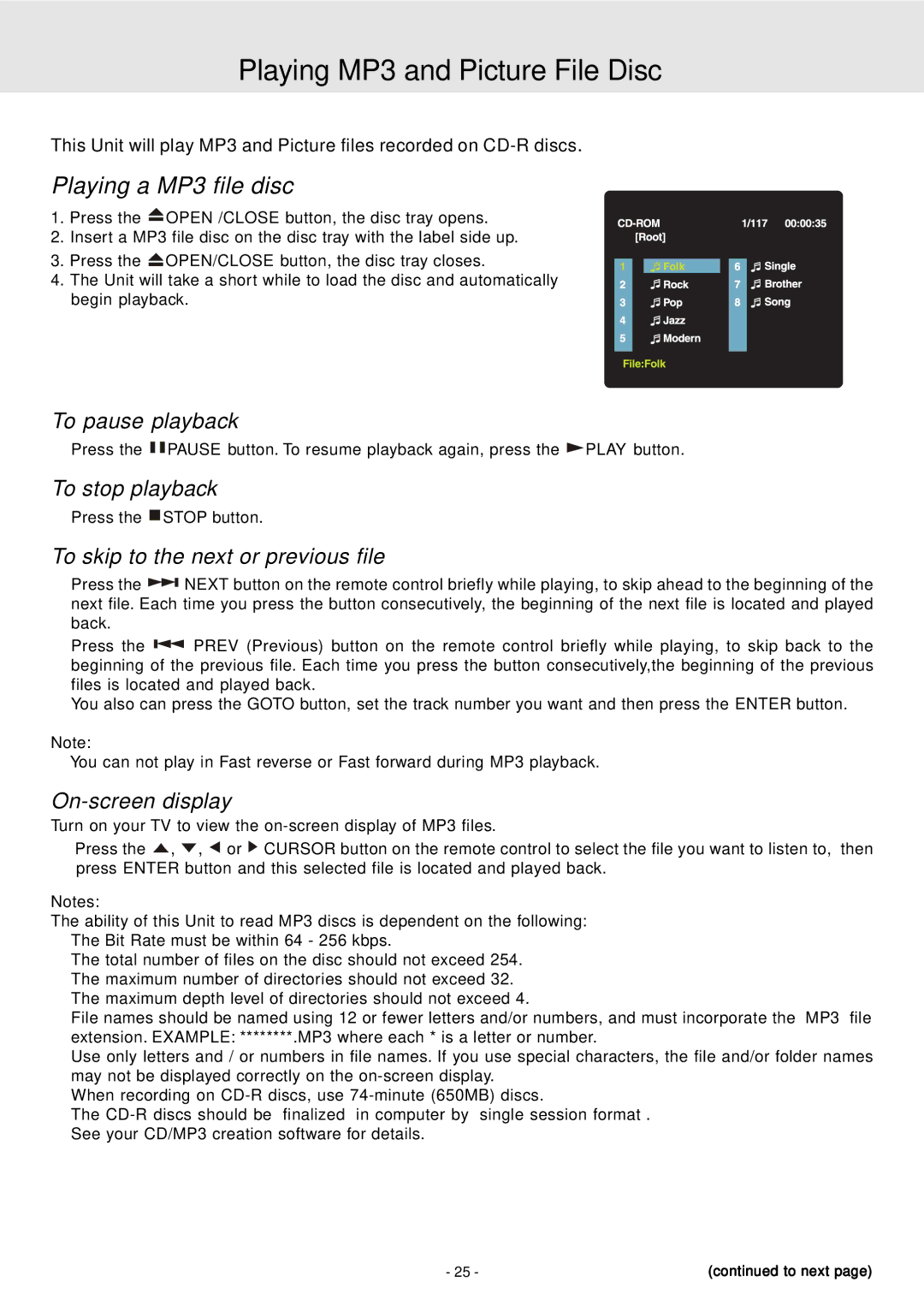 Dolby Laboratories STS75E owner manual Playing MP3 and Picture File Disc, Playing a MP3 file disc 