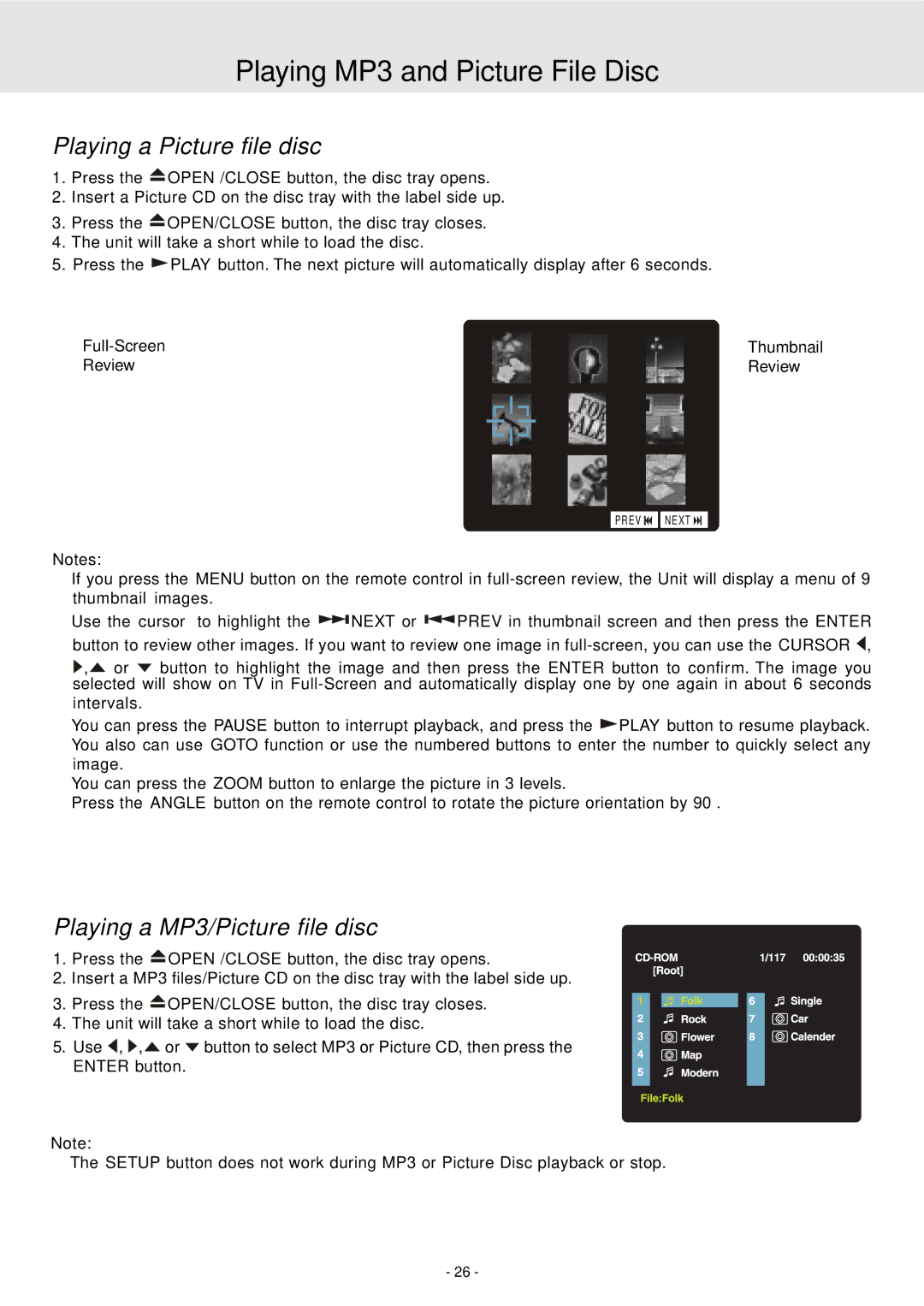 Dolby Laboratories STS75E owner manual Playing a Picture file disc, Playing a MP3/Picture file disc, Full-Screen Review 