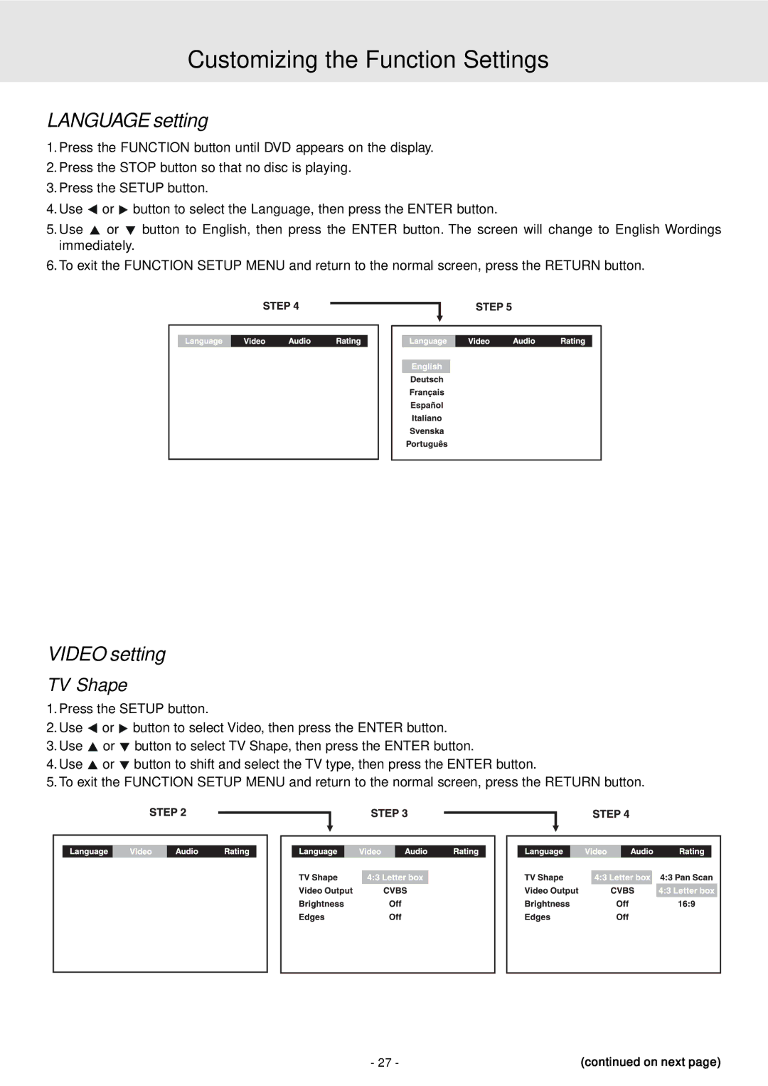 Dolby Laboratories STS75E owner manual Customizing the Function Settings, Language setting, Video setting, TV Shape 