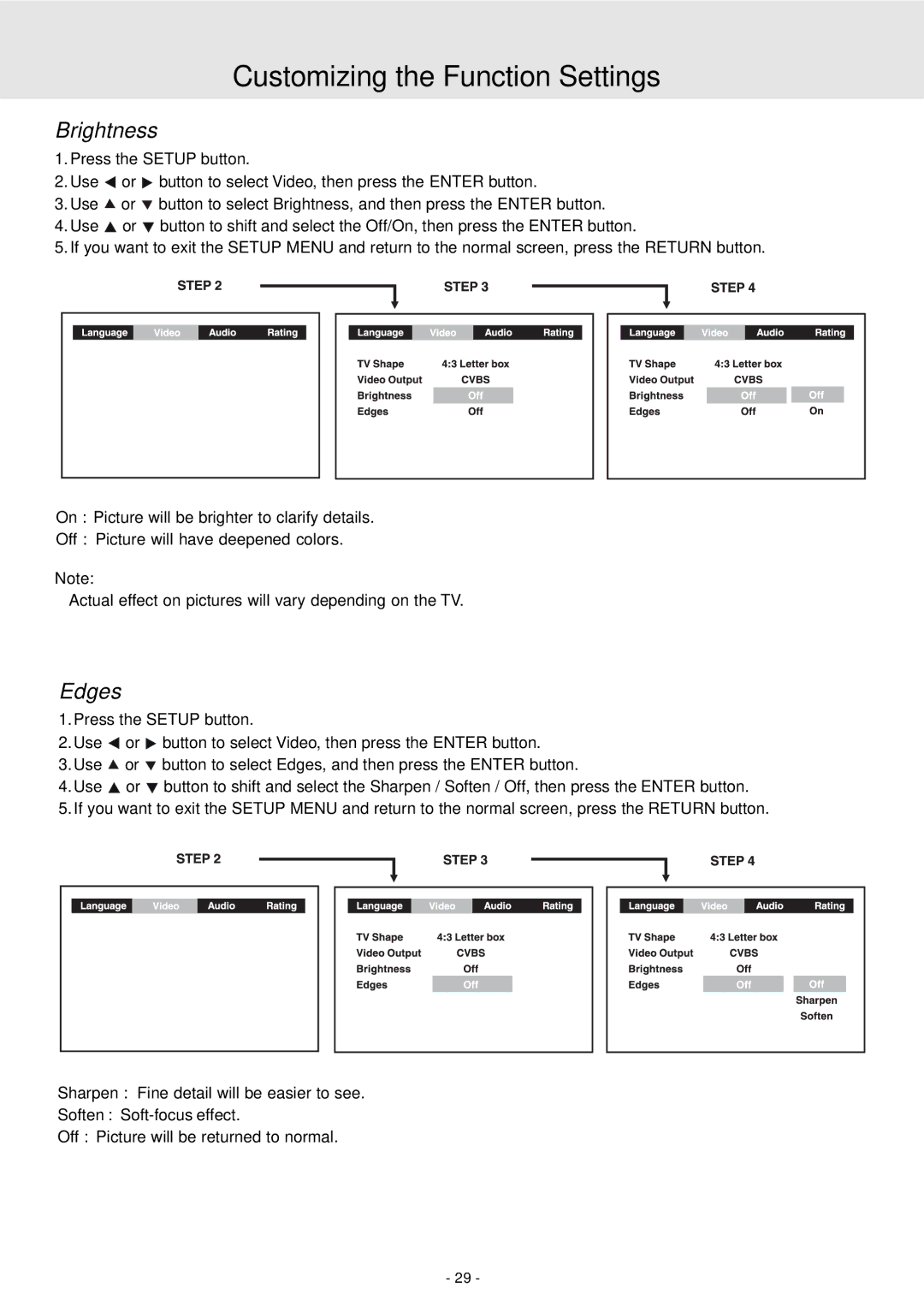 Dolby Laboratories STS75E owner manual Brightness, Edges 