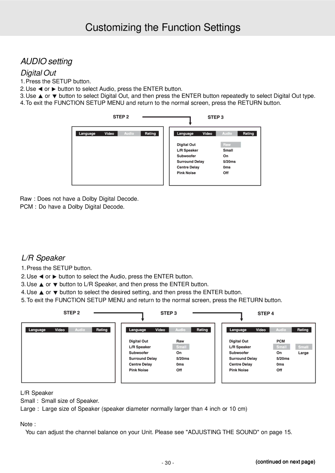 Dolby Laboratories STS75E owner manual Audio setting, Digital Out, Speaker 