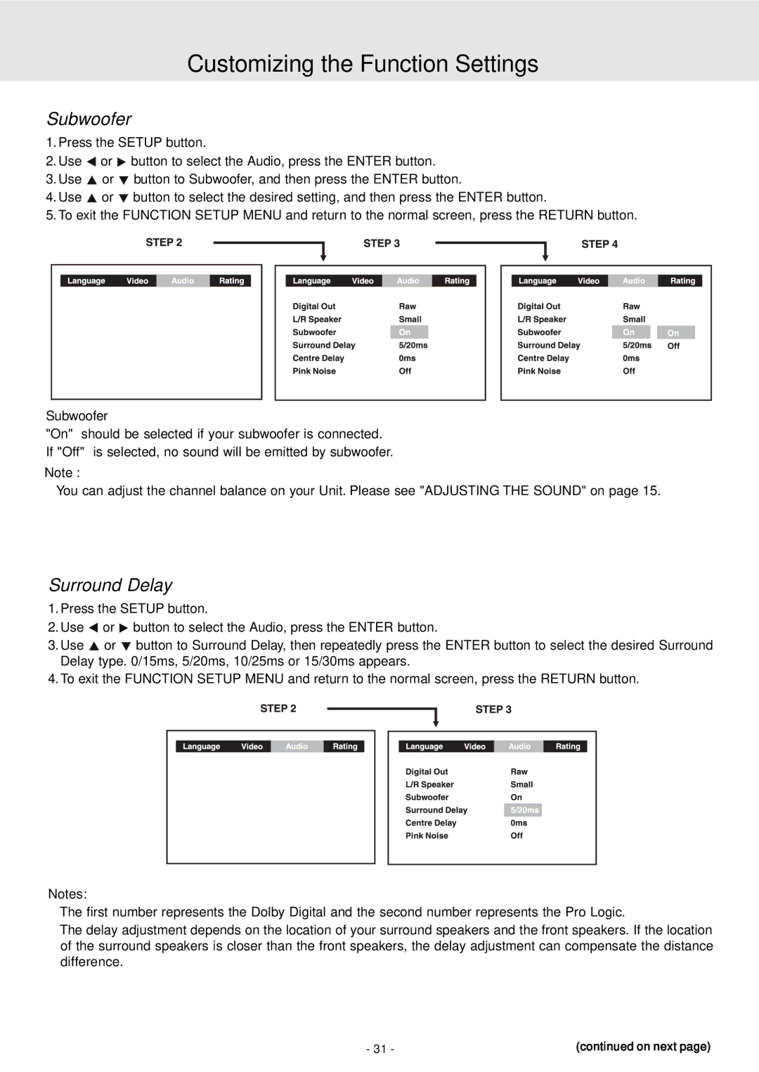 Dolby Laboratories STS75E owner manual Subwoofer, Surround Delay 