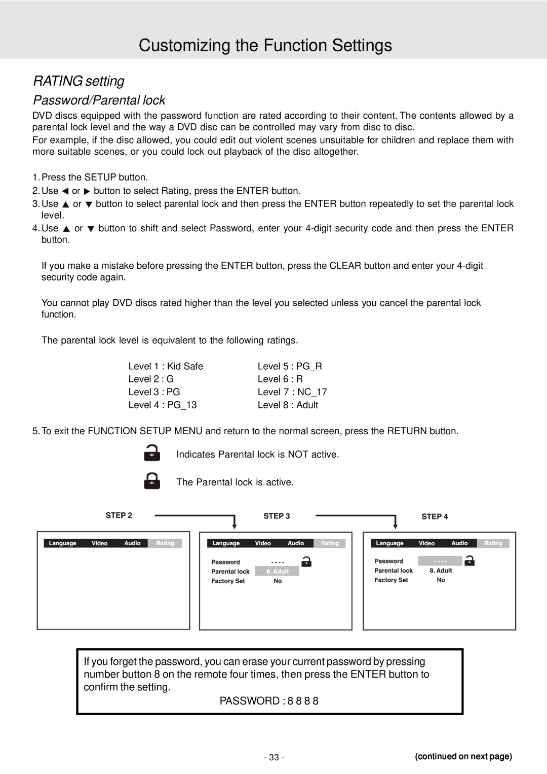 Dolby Laboratories STS75E owner manual Rating setting, Password/Parental lock 