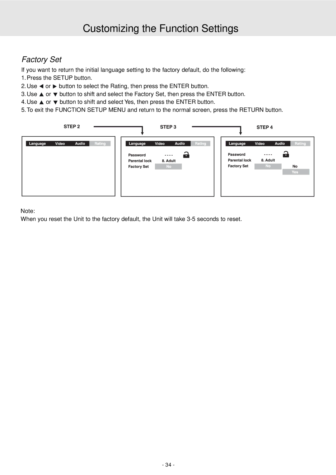 Dolby Laboratories STS75E owner manual Factory Set 