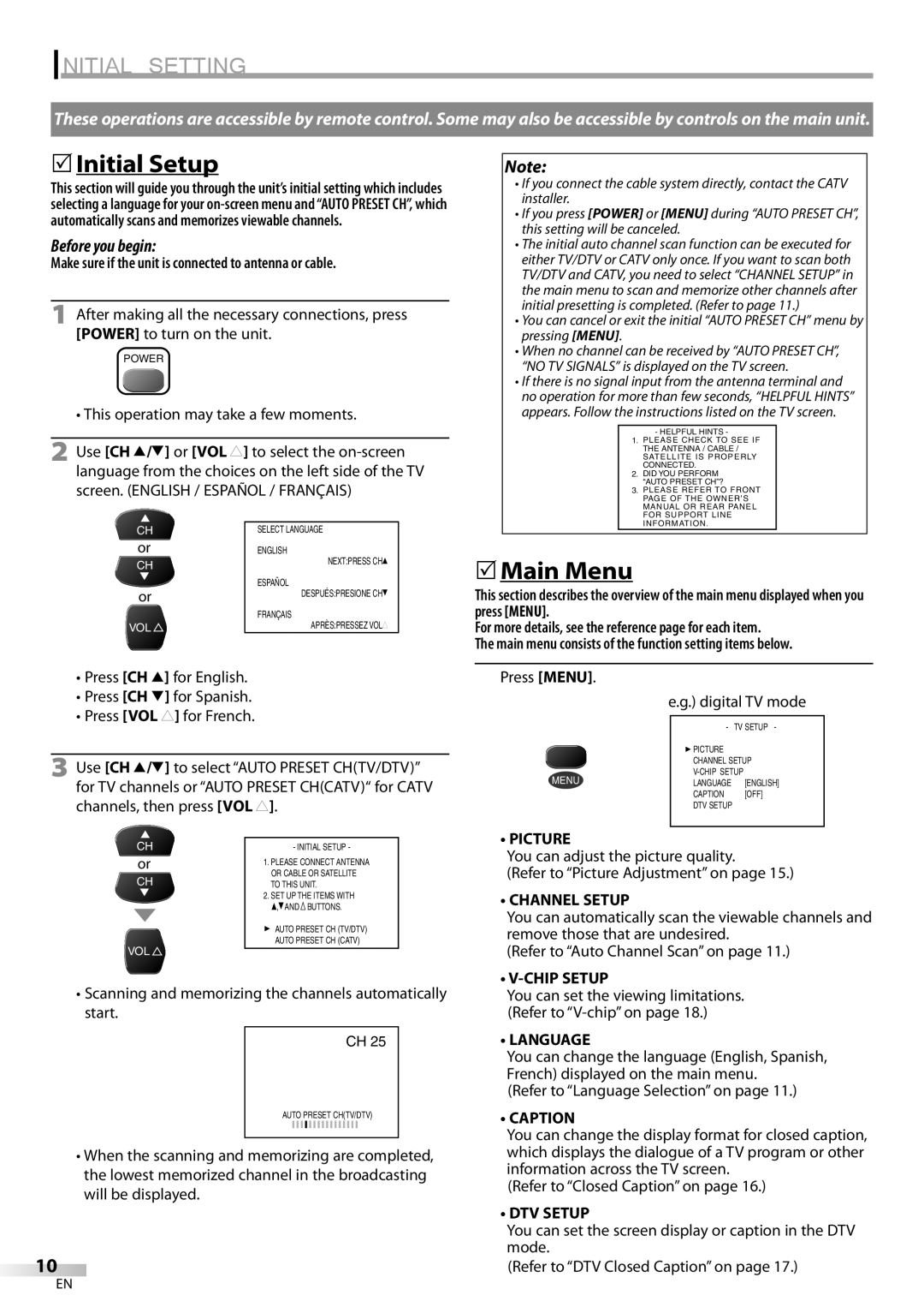 Dolby Laboratories V07TV13 owner manual Initial Setting, Initial Setup, Main Menu 