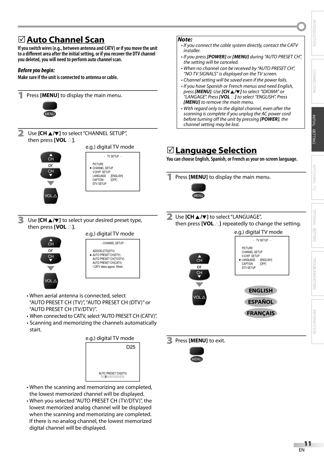 Dolby Laboratories V07TV13 owner manual Auto Channel Scan, Language Selection, English, Español Français 