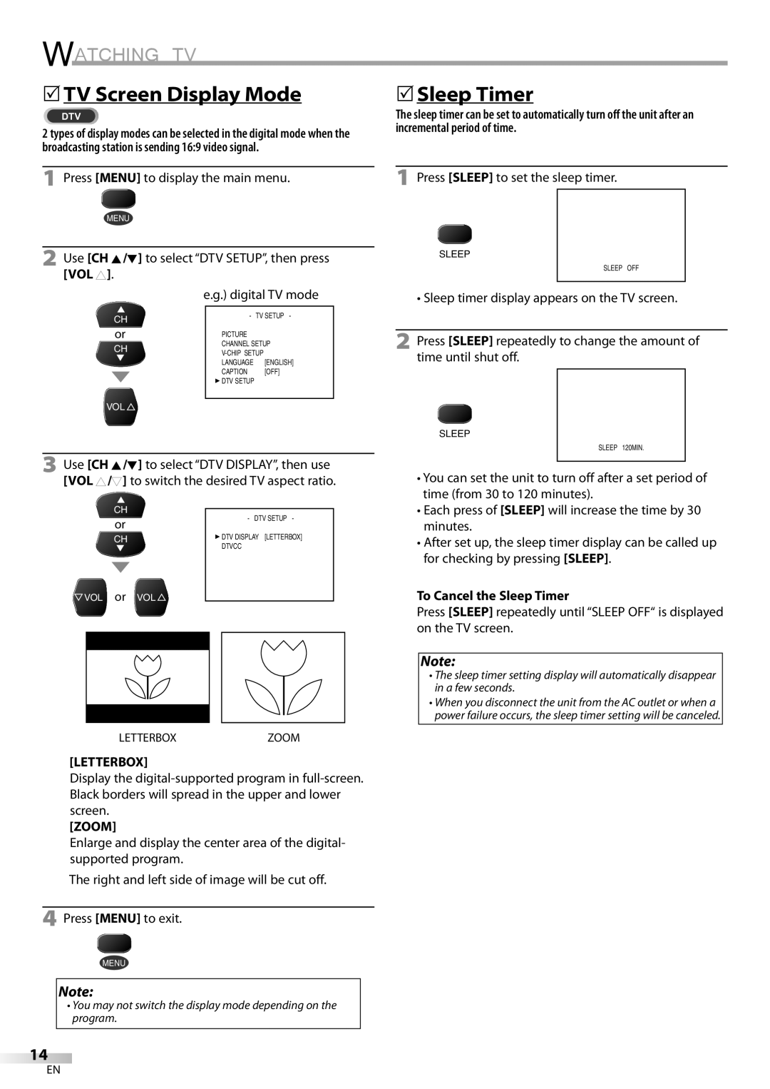 Dolby Laboratories V07TV13 owner manual TV Screen Display Mode, To Cancel the Sleep Timer, Letterbox, Zoom 