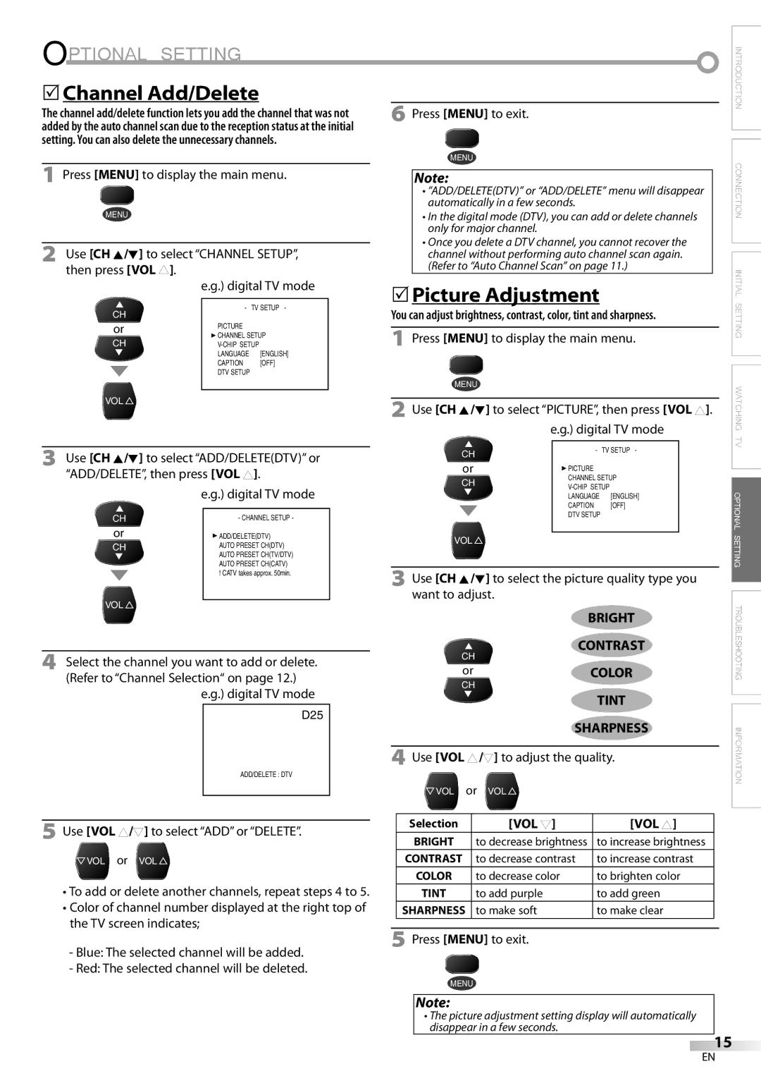 Dolby Laboratories V07TV13 owner manual Optional Setting, Channel Add/Delete, Use VOL X/Y to select ADD or Delete 