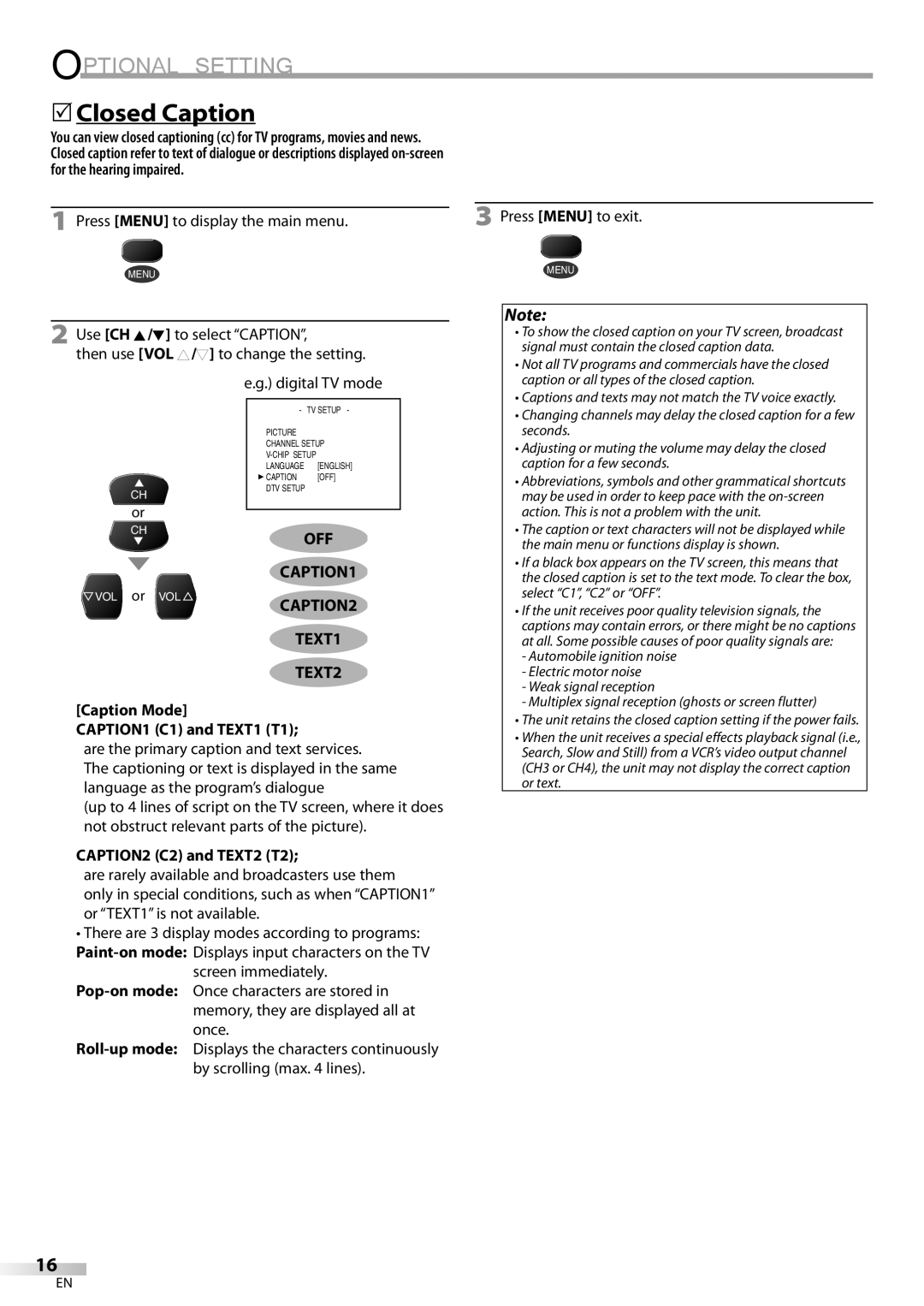 Dolby Laboratories V07TV13 Closed Caption, Off, CAPTION1 CAPTION2 TEXT1 TEXT2, Caption Mode CAPTION1 C1 and TEXT1 T1 