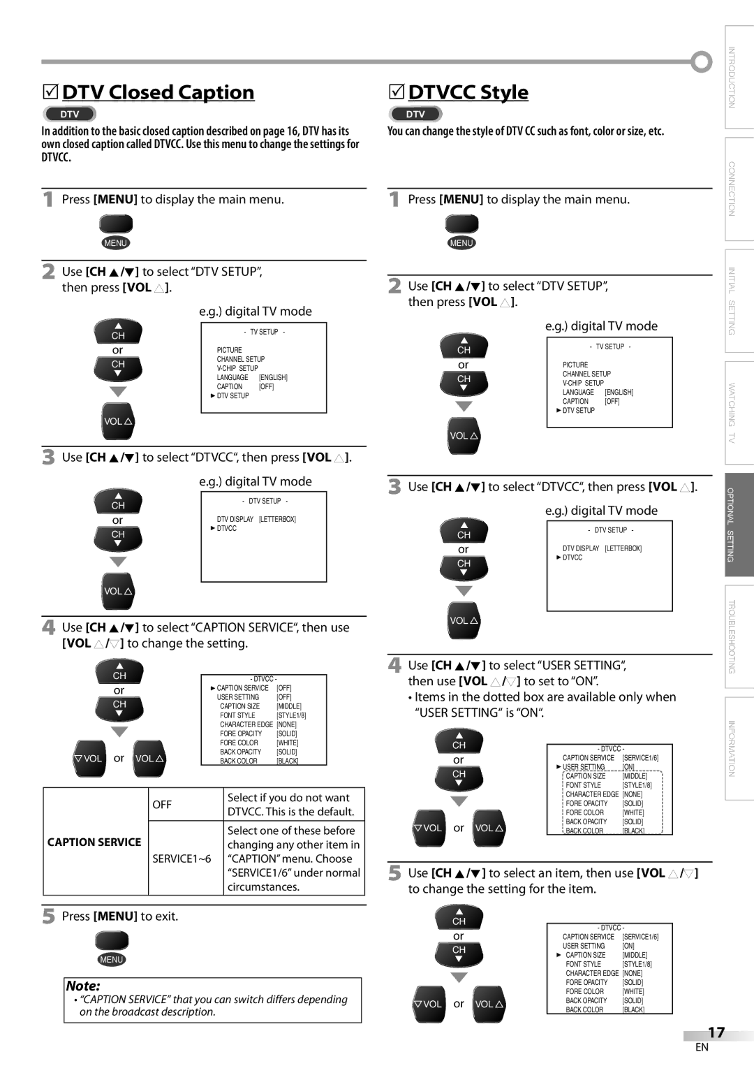 Dolby Laboratories V07TV13 DTV Closed Caption, Dtvcc, Use CH K/L to select DTVCC, then press VOL Digital TV mode 