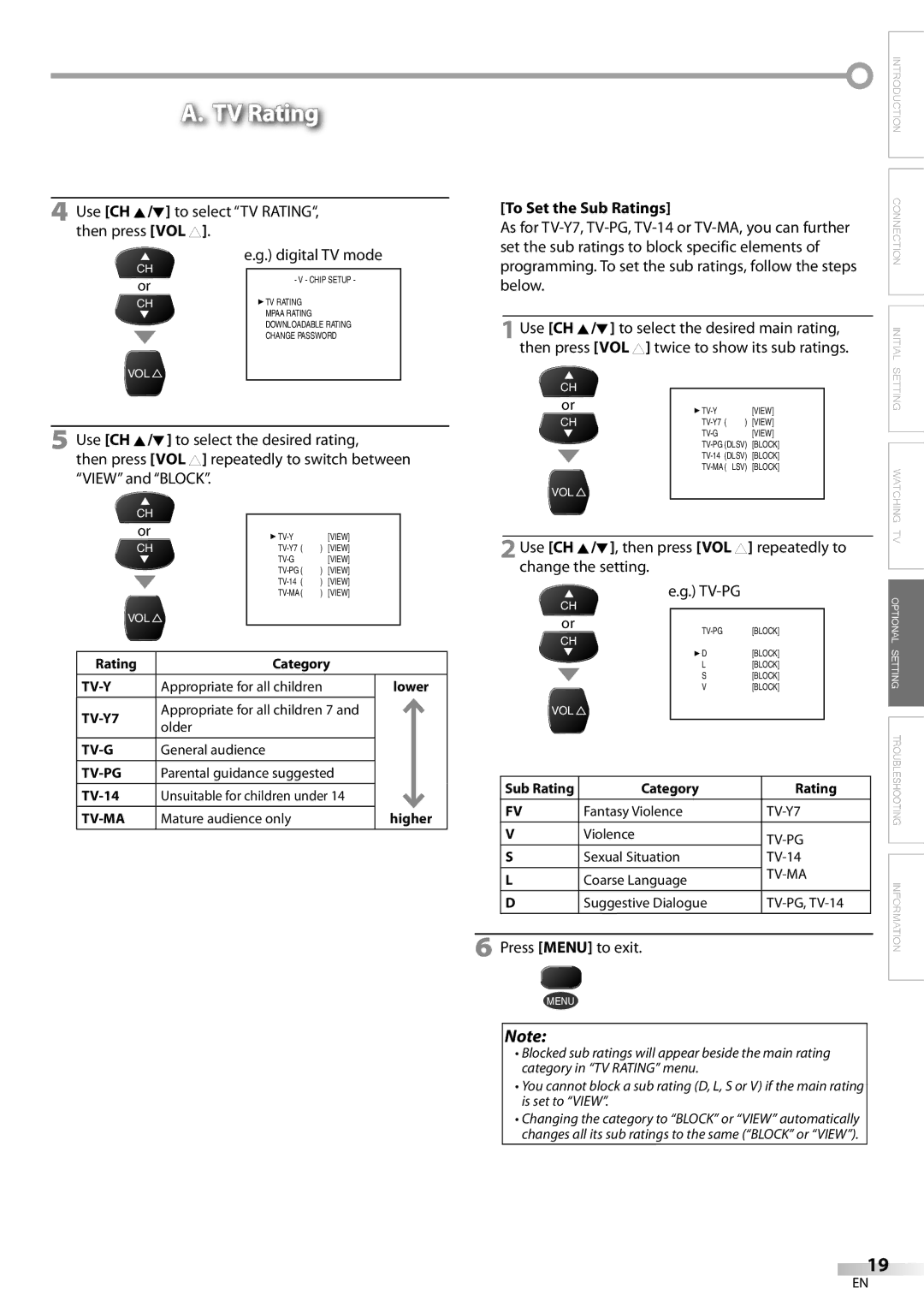 Dolby Laboratories V07TV13 owner manual To Set the Sub Ratings, Rating Category, TV-Y7, TV-14, Category Rating 