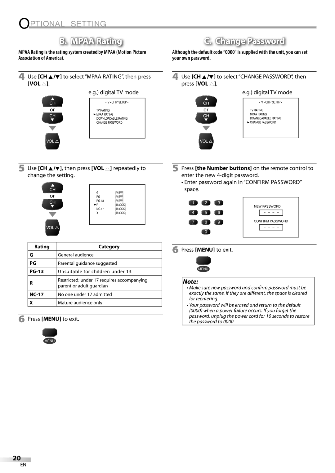 Dolby Laboratories V07TV13 owner manual Enter password again in Confirm Password space, PG-13, NC-17 