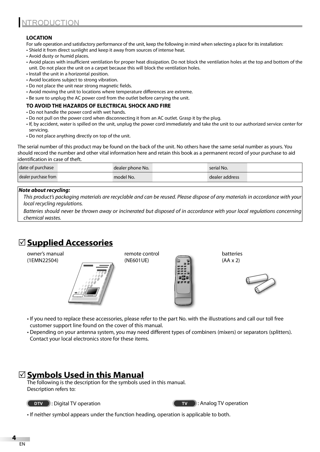 Dolby Laboratories V07TV13 owner manual Supplied Accessories, Symbols Used in this Manual, Location 