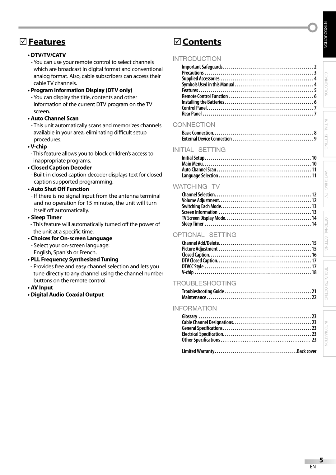 Dolby Laboratories V07TV13 owner manual Features, Contents, Dtv/Tv/Catv 