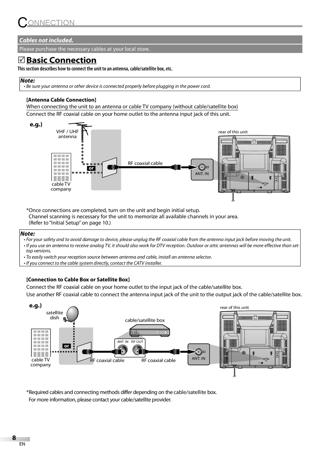 Dolby Laboratories V07TV13 Basic Connection, Antenna Cable Connection, Connection to Cable Box or Satellite Box 