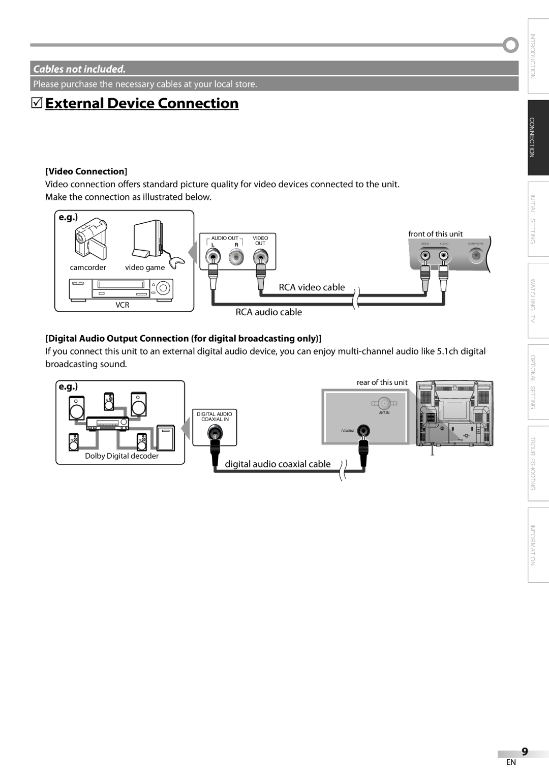 Dolby Laboratories V07TV13 owner manual External Device Connection, Video Connection, RCA video cable, RCA audio cable 